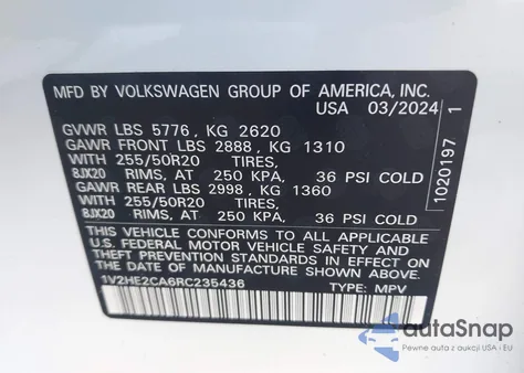 2024 Volkswagen Atlas Cross Sport 2.0T Se W/Technology from USA, damaged, VIN 1V2HE2CA6RC235436